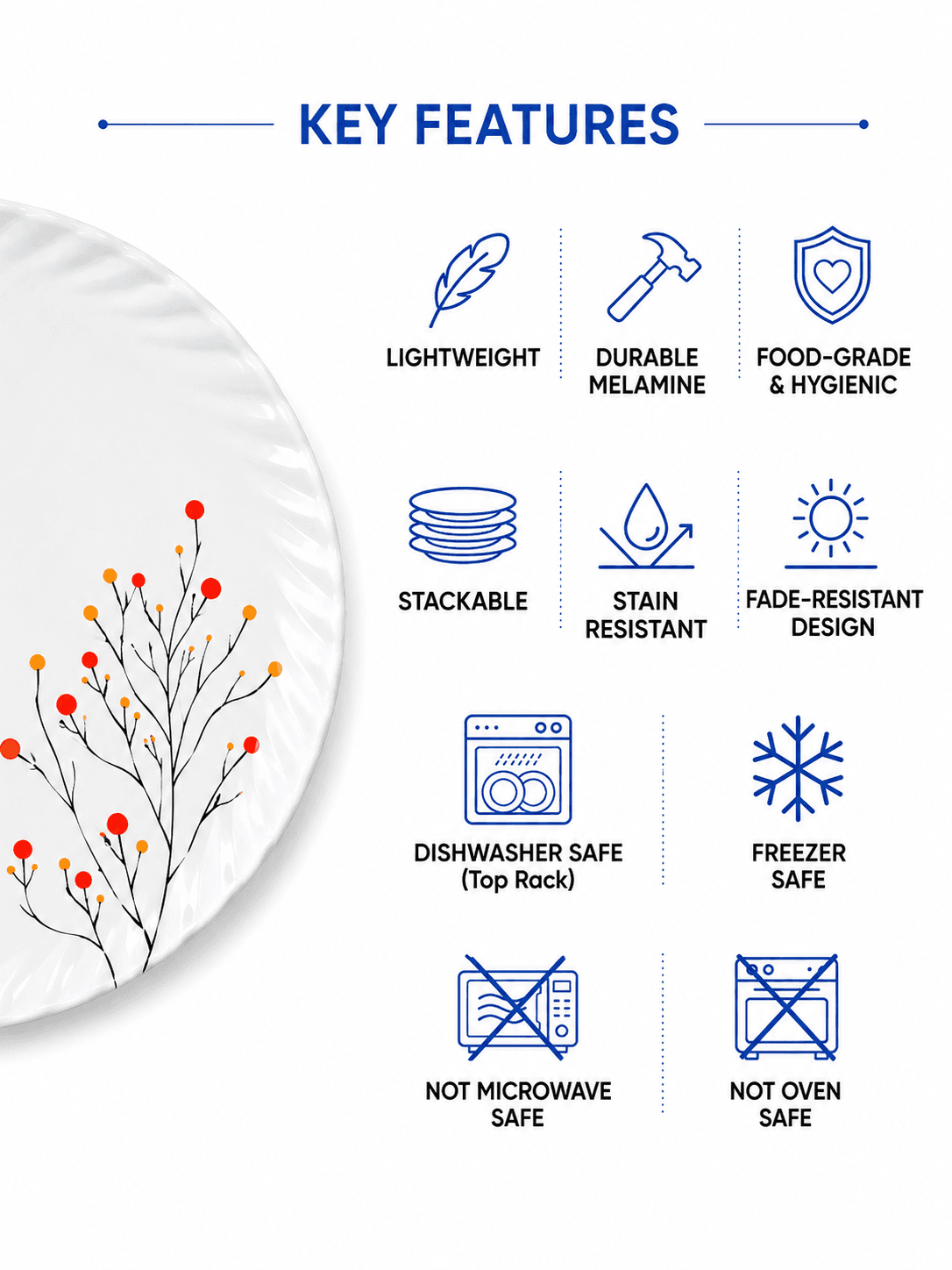 Melvio Autumn Bloom botanical melamine dinner set – ISO 9001:2015 certified, shatter resistant