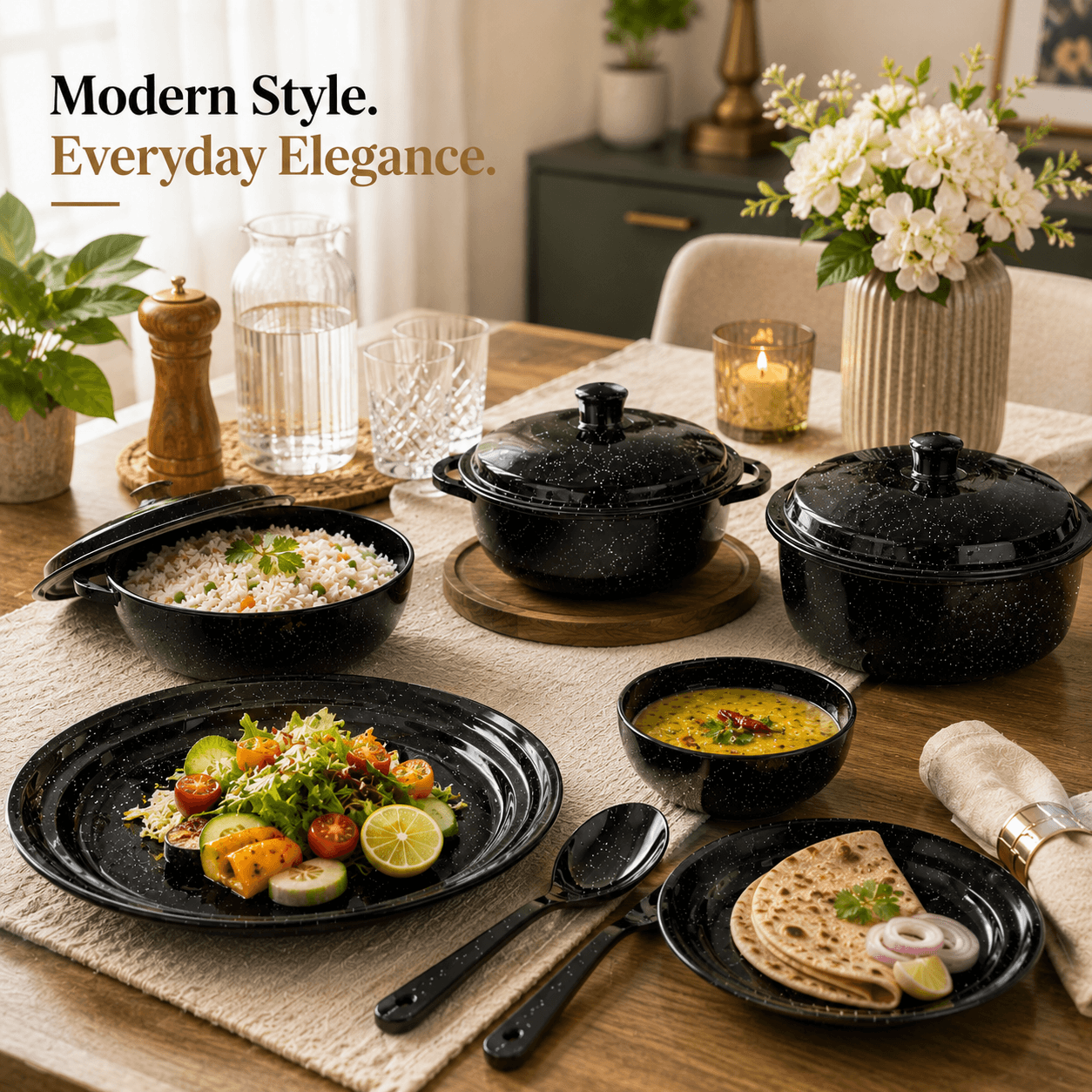 Melvio Black Granite dinner set features – ISO 9001:2015 BPA free dishwasher safe scratch resistant
