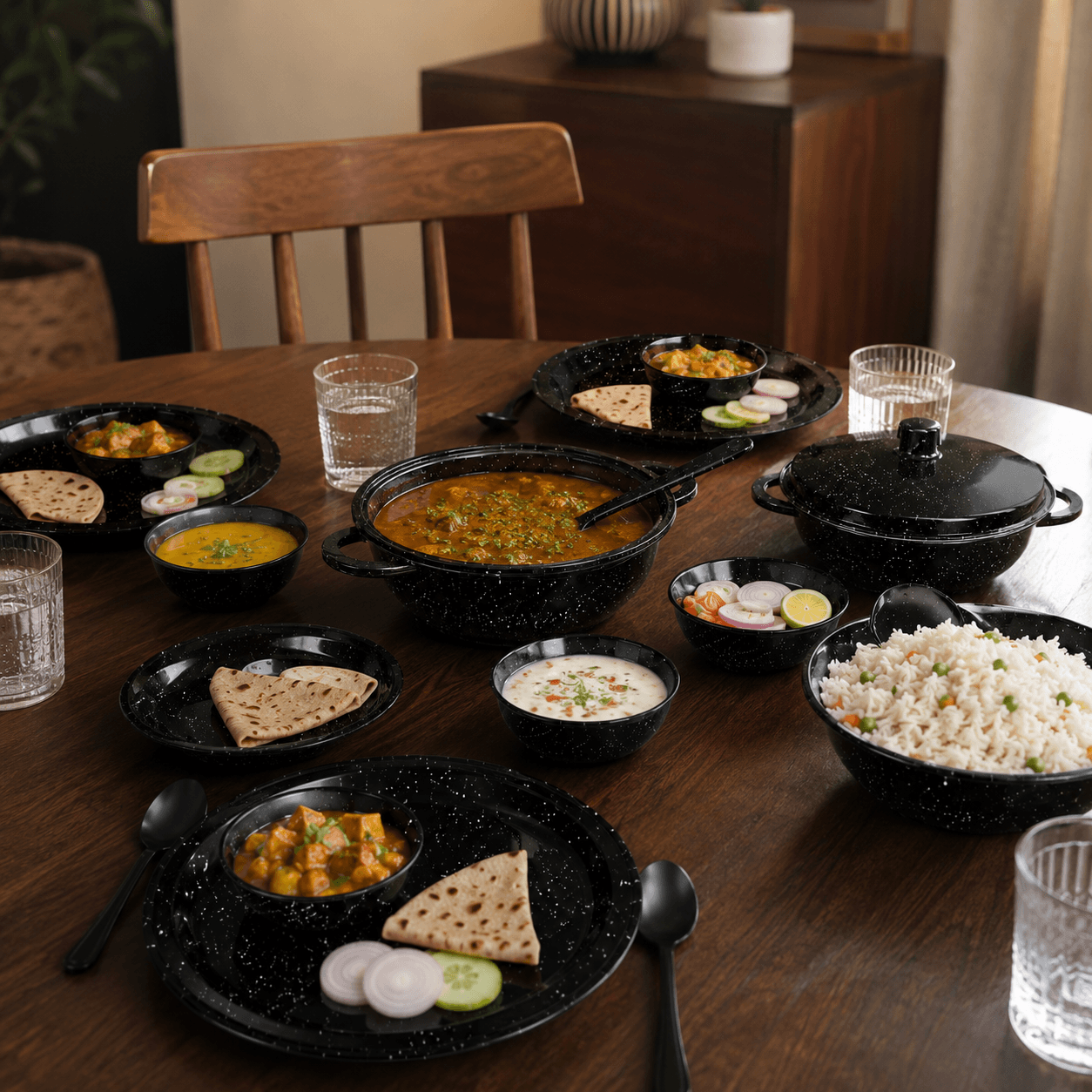 Melvio Black Granite dinner set styled on dining table – premium melamine tableware India