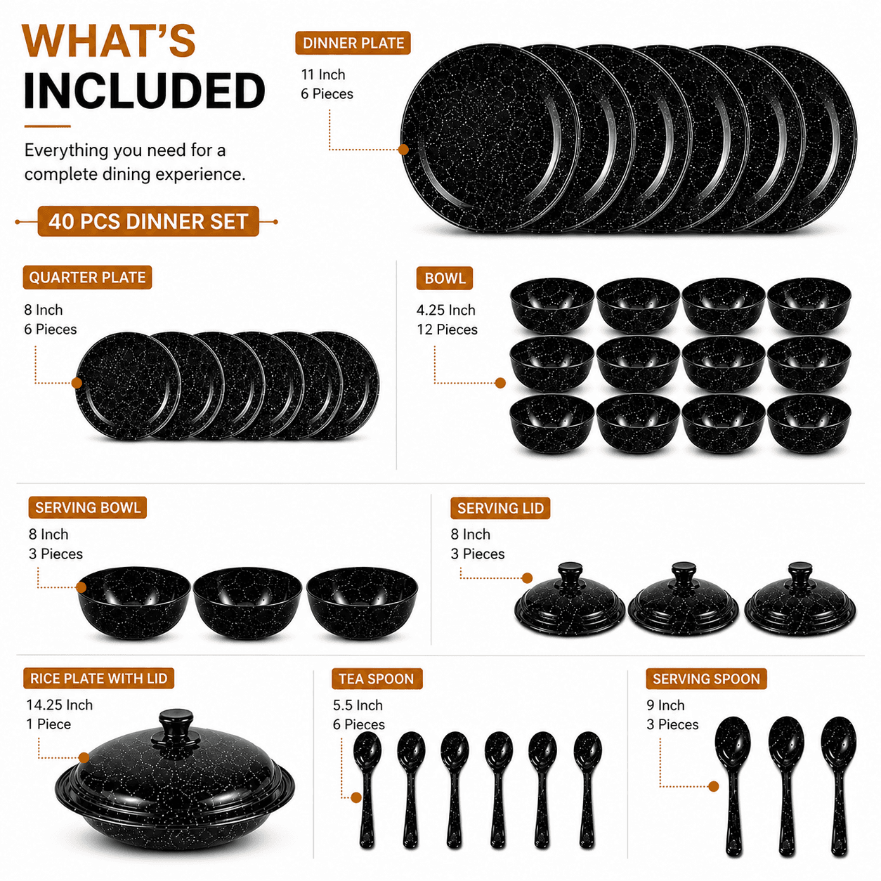 Melvio Black Granite melamine crockery set in use – family dinner set online India