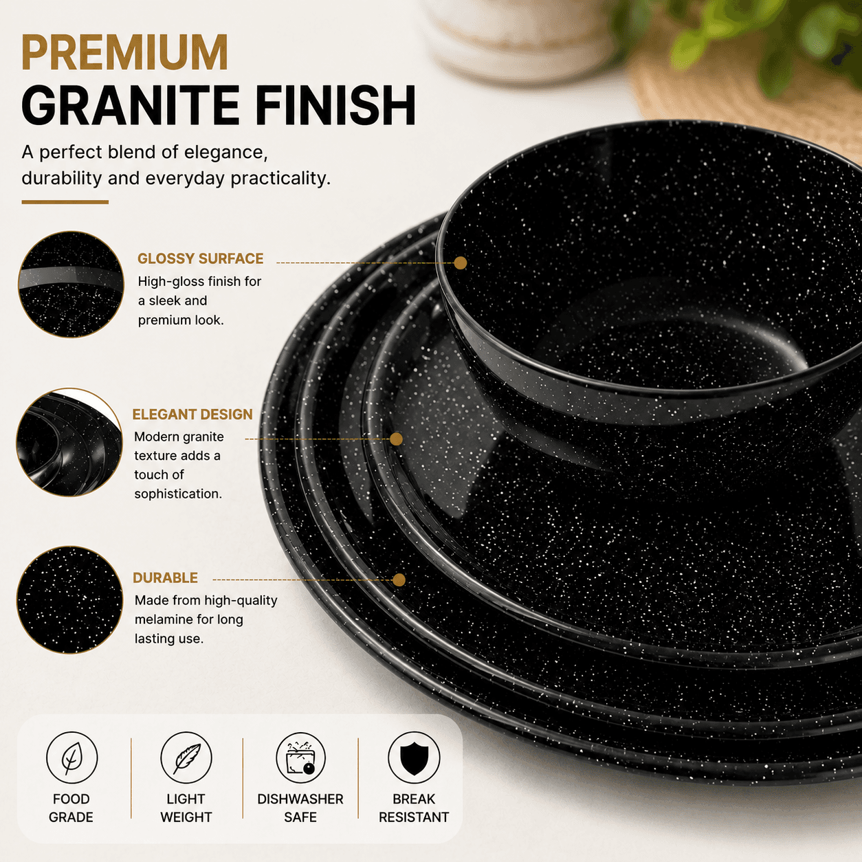 Melvio black granite finish dinner plates and bowls – shatter resistant melamine crockery India