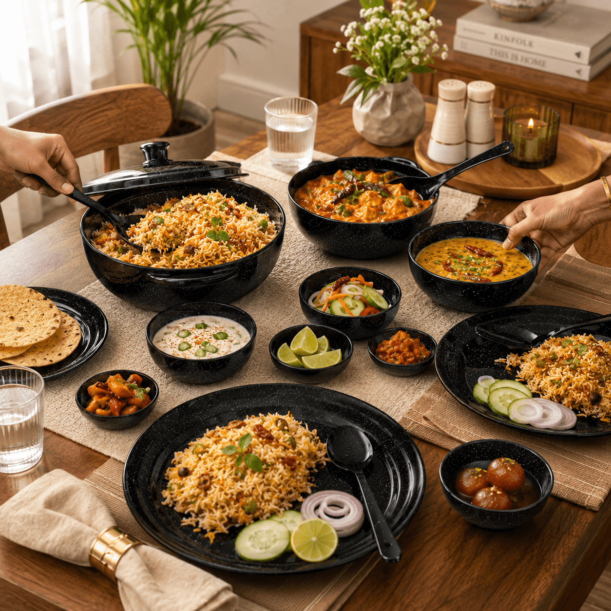Melvio Black Granite 40 piece dinner set serving layout – best dinner set gift India 2025