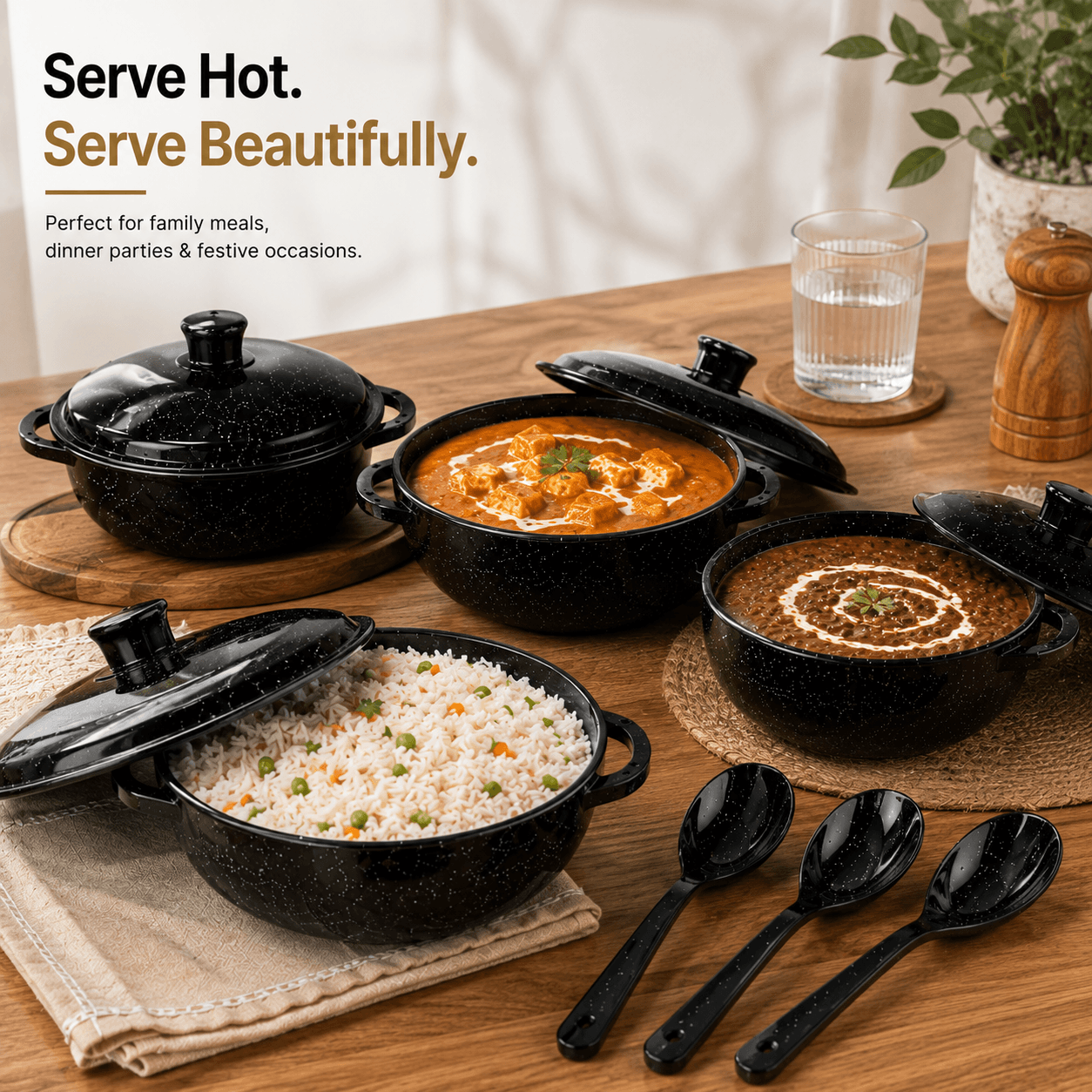 Melvio black melamine dinner set Diwali wedding gift – luxury crockery set India