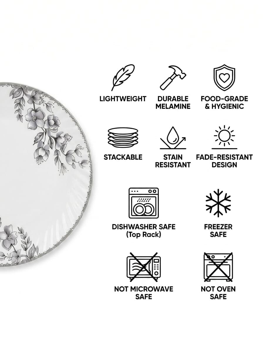 Melvio Blossom Grace melamine dinner set details – ISO 9001:2015 certified, BPA free, shatter resistant