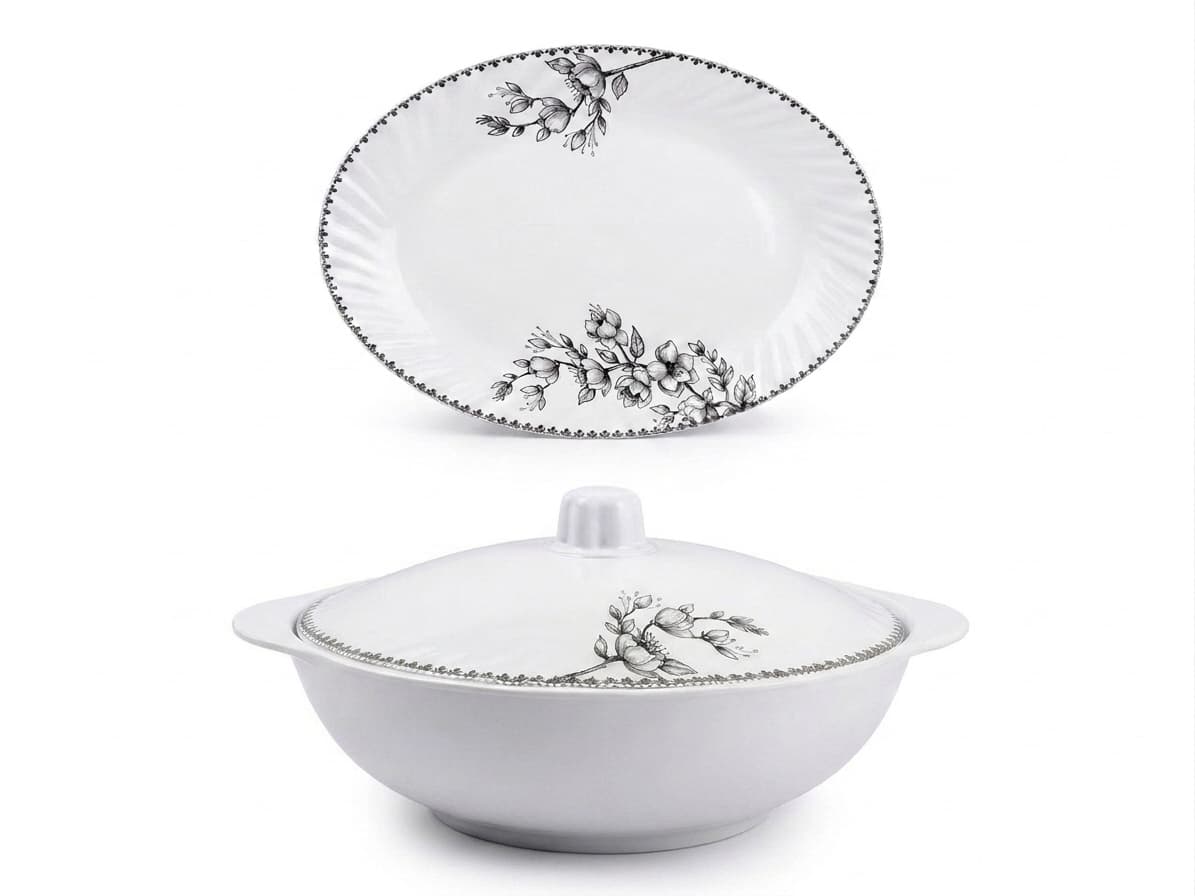 Melvio Blossom Grace melamine rice plate, serving bowl and lid – complete dinner set India