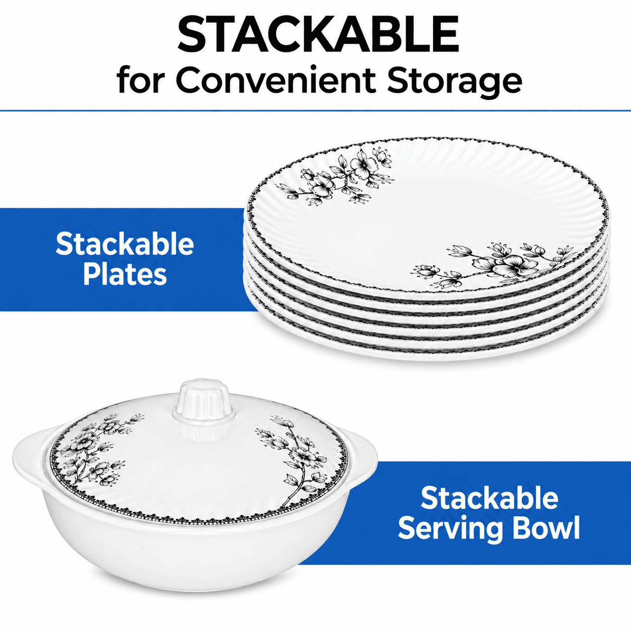 Melvio Blossom Grace stackable melamine plates – space-saving floral dinnerware for Indian homes