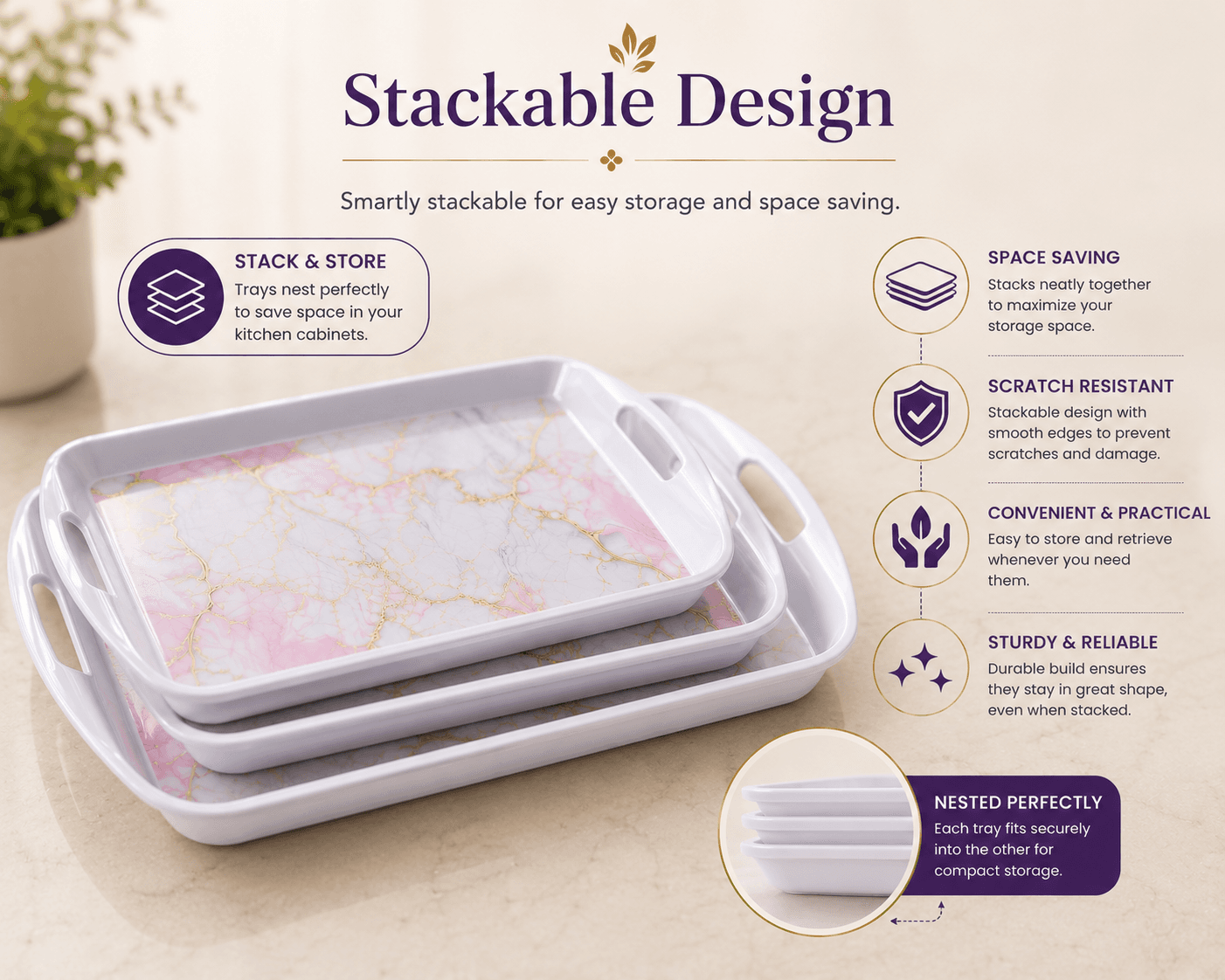 Melvio Blue Garden tray with breakfast – stackable BPA free melamine tray set India