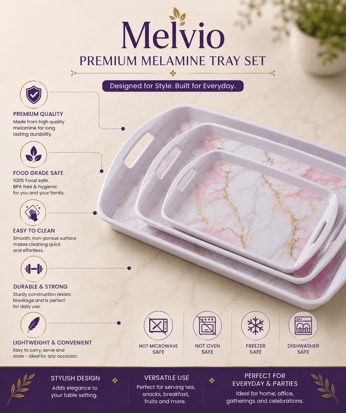 Melvio blue floral melamine tray serving snacks – food safe premium tableware India
