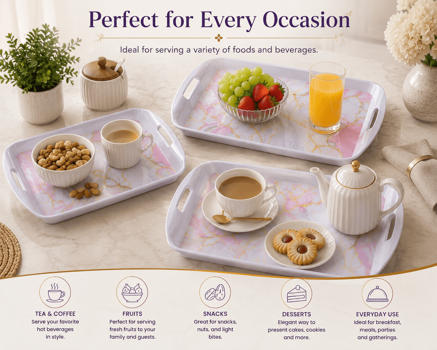 Melvio Blue Garden set of 3 stackable trays – space saving melamine kitchen tray set India