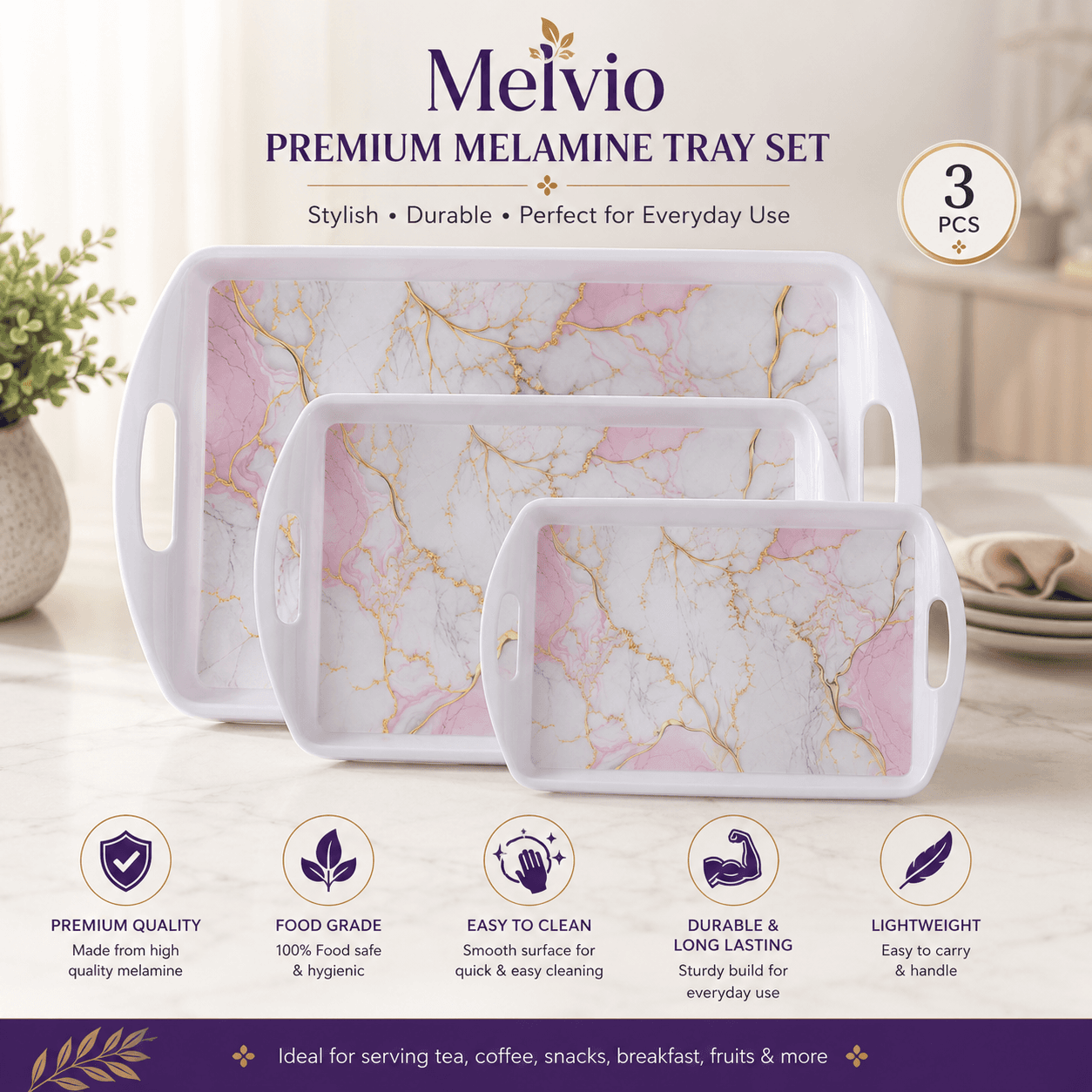 Melvio Blue Garden tray size guide – large medium small melamine serving tray dimensions India