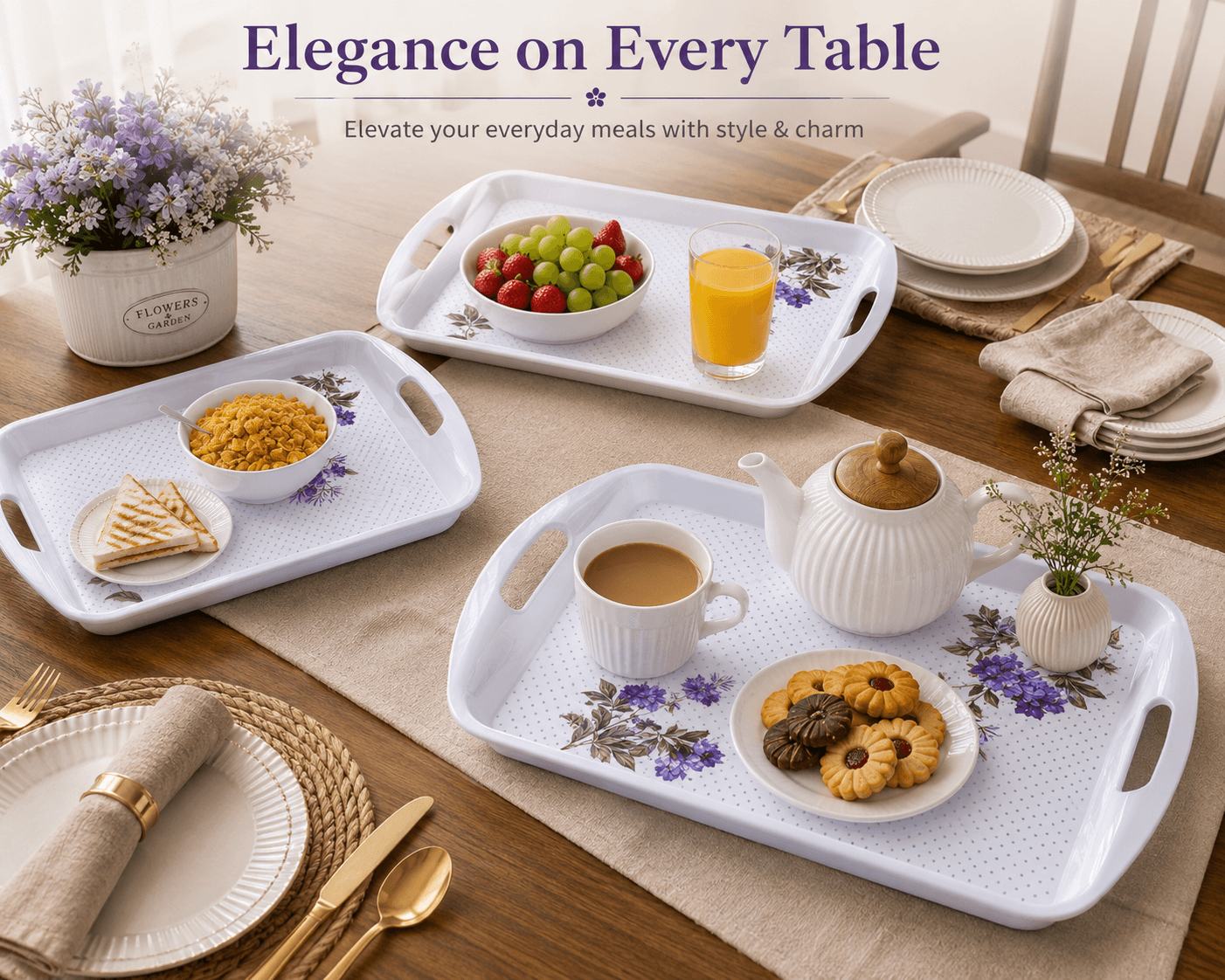 Melvio Lavender Grace tray set used for morning tea and snacks – melamine serving tray India