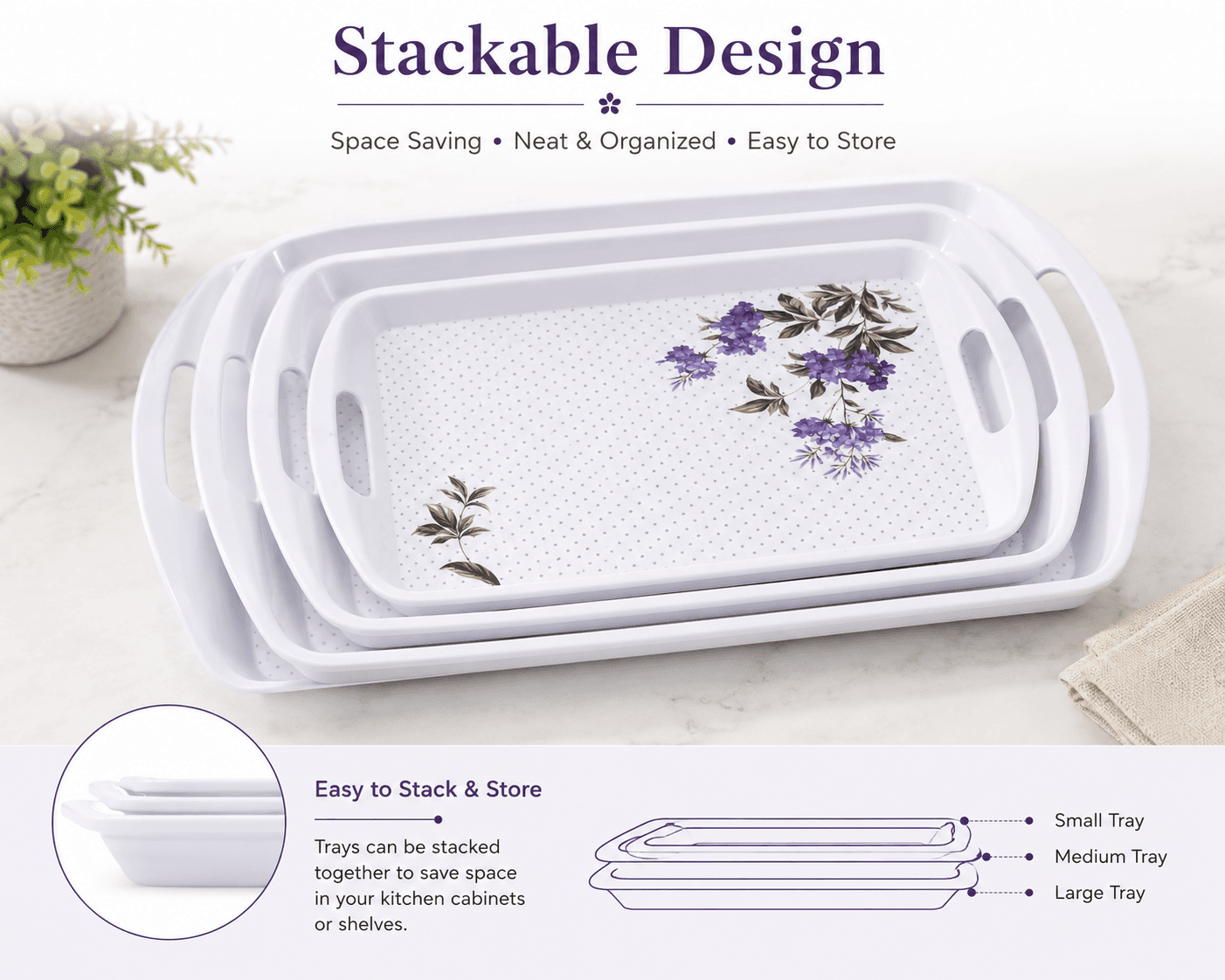 Melvio lavender floral melamine tray serving fruits – food safe premium tableware India