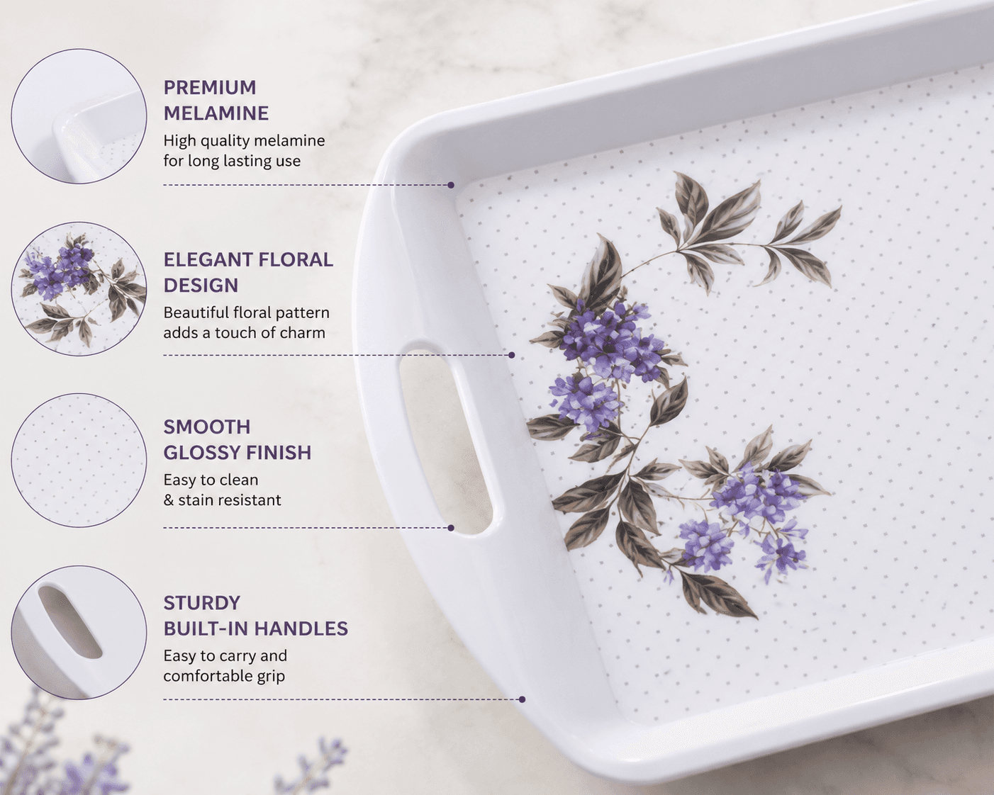 Melvio Lavender Grace tray set for desserts and coffee – premium melamine serving tray India