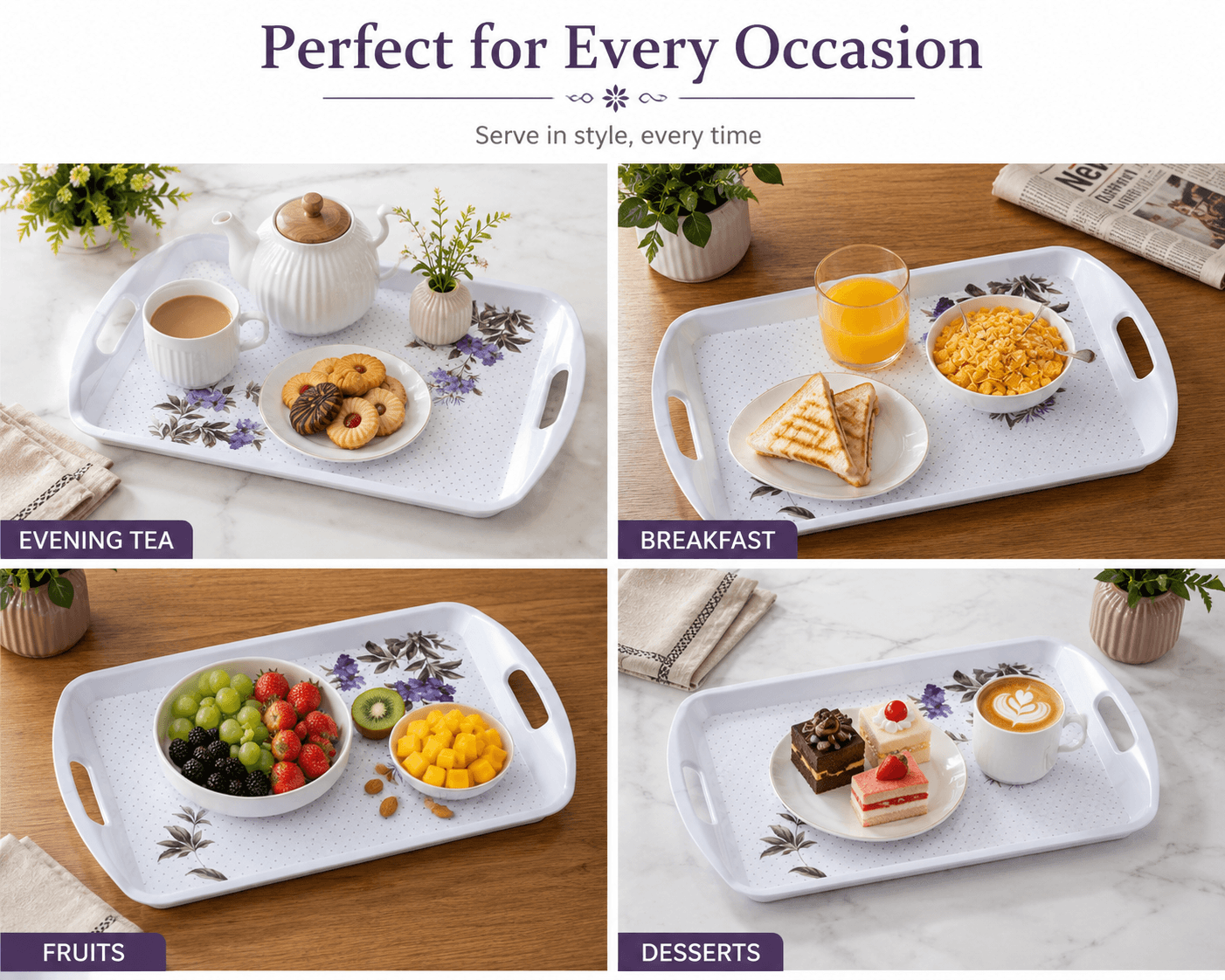 Melvio Lavender Grace set of 3 stackable melamine trays – space saving kitchen tray set India