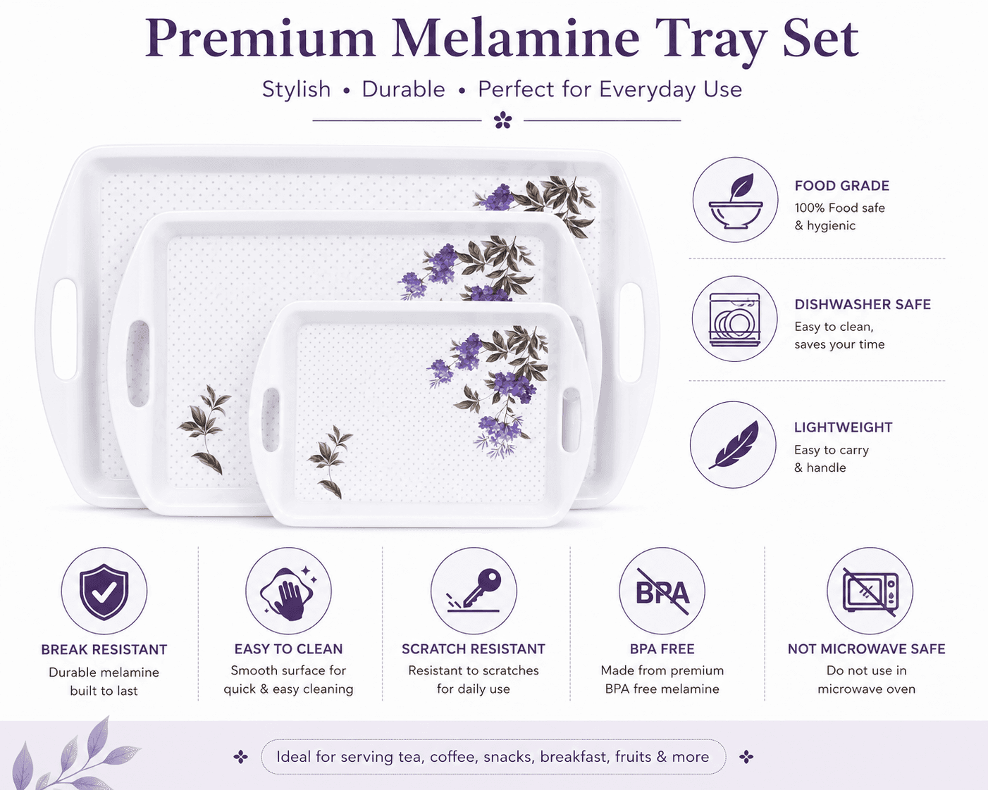 Melvio Lavender Grace tray size chart – large 42.5cm medium 36cm small 29.5cm melamine India