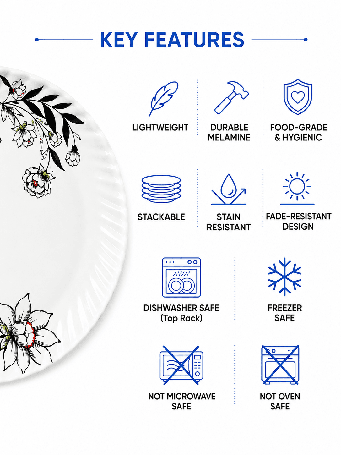Melvio Midnight Bloom dark floral melamine dinner set – ISO 9001:2015 certified, BPA free