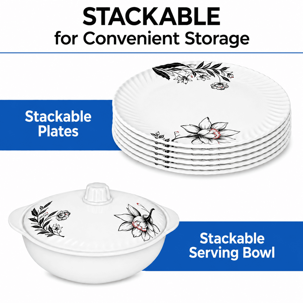 Melvio Midnight Bloom stackable melamine plates – space-saving dark botanical dinner set